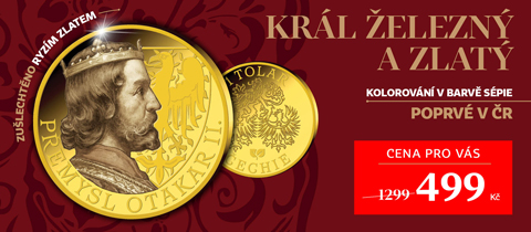 Přemysl Otakar II. na ražbě zušlechtěné ryzím zlatem, kolorované v barvě sépie.