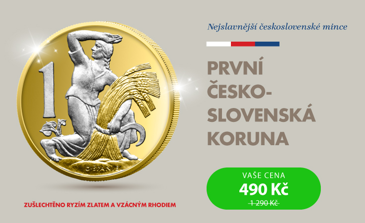 Původní prvorepubliková jednokoruna zušlechtěná ryzím zlatem a vzácným rhodiem.
