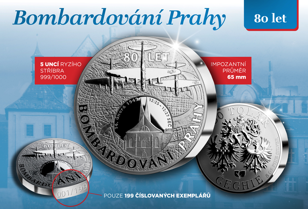 M2913AG CSIN, CZ 2025 BOMBARDOVÁNÍ PRAHY 80 LET, MEDAL, 5 oz AG 999/1000 Proof like