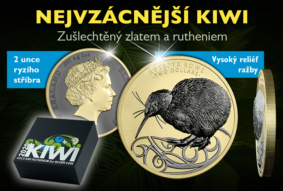 Kiwi okaritský na stříbrné minci zušlechtěný zlatem a rutheniem