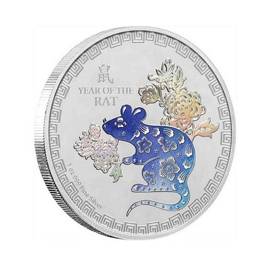 Lunární rok krysy stříbrná mince 1 oz kolorovaná