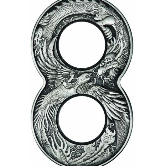 Čínský drak a Fénix stříbrná mince 2 oz ve tvaru osmičky