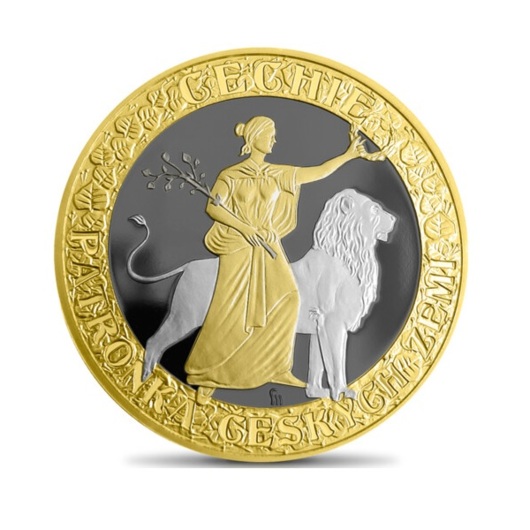 Čechie na pamětní medaili zušlechtěné ryzím zlatem, vzácným černým rutheniem a bílým rhodiem