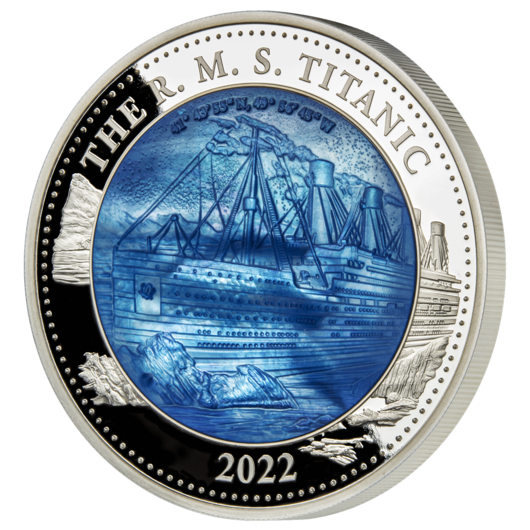 Titanic – 110 let, stříbrná mince 5 oz Proof s modrou perletí