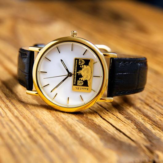 Luxusní pánské hodinky s cihličkou z ryzího zlata s motivem Koruny sv. Václava