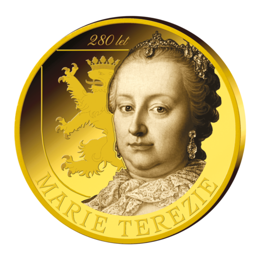 Marie Terezie, 280. výročí korunovace českou královnou, pamětní medaile, certifikát, obr. reprodukce