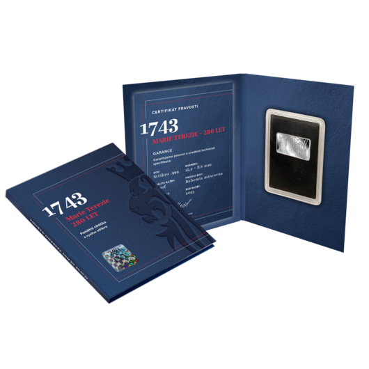 Stříbrná cihlička 1743 - 280. výročí korunovace Marie Terezie + certifikát + album s hologramem