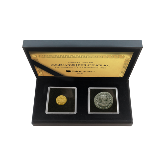 Exkluzivní set - Zlatá mince Aurelián a historická mince Bůh Slunce