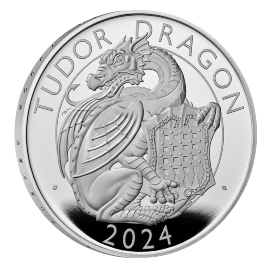 Královská Tudorovská zvířata – Drak, stříbrná mince 1 oz, Proof