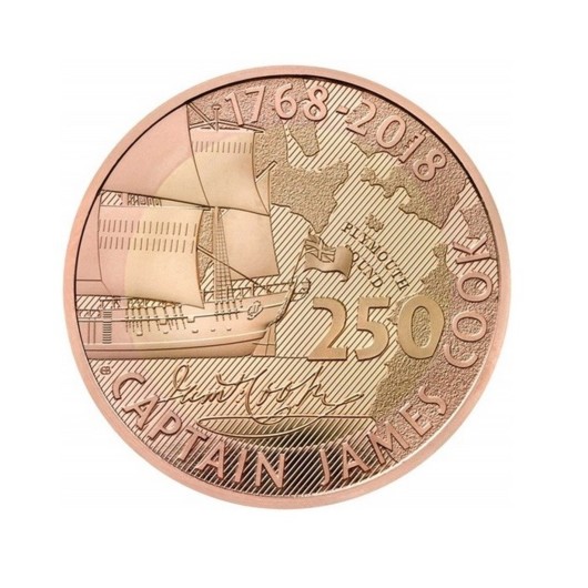 250. výročí objevitelské cesty Jamese Cooka zlatá mince Proof Velká Británie 2018