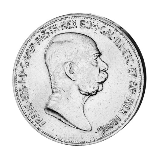 Stříbrná pětikoruna Františka Josefa I. z roku 1908 revers