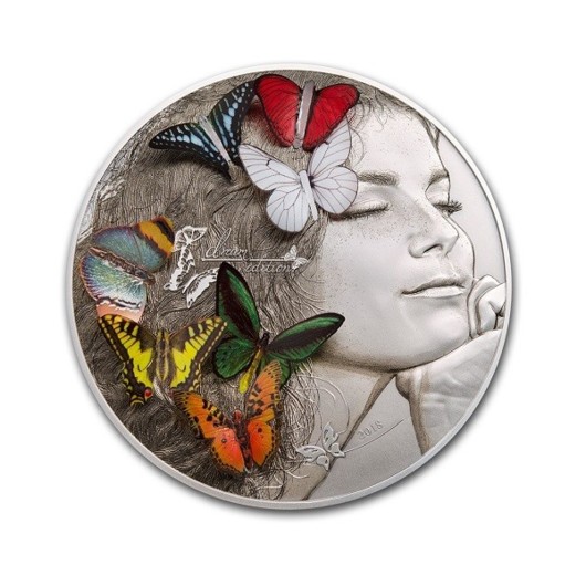 Dívka se 7 motýly stříbrná mince 5 oz Antique 3D
